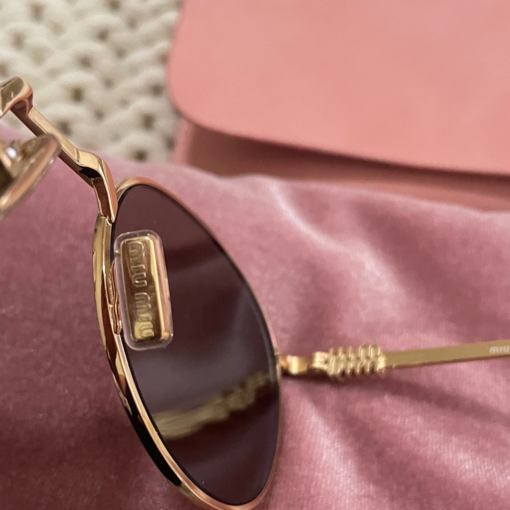 Miu Miu Gold Round Metal Frame Sunglasses with Light Reflective Lenses - Picture 8 of 9
